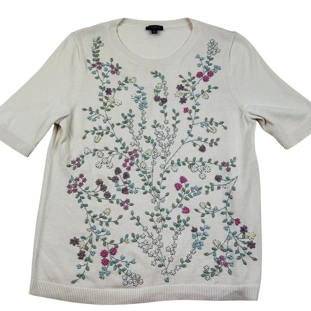 Talbots Cotton Short Sleeve Knit Intricate Floral Beaded Sweater Top Women's MP